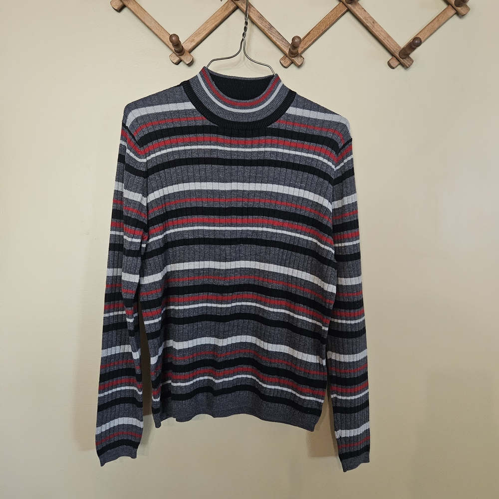 Vintage Laura Scott Grey Striped Mock Neck Ribbed Sweater Large Fall Winter